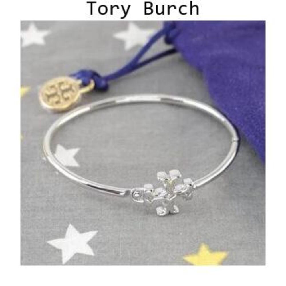 Tory Burch Silver Logo Flower Bangle Bracelet